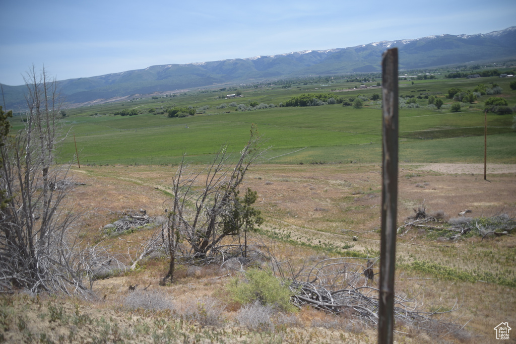 View of mountain backdrop with rural landscape