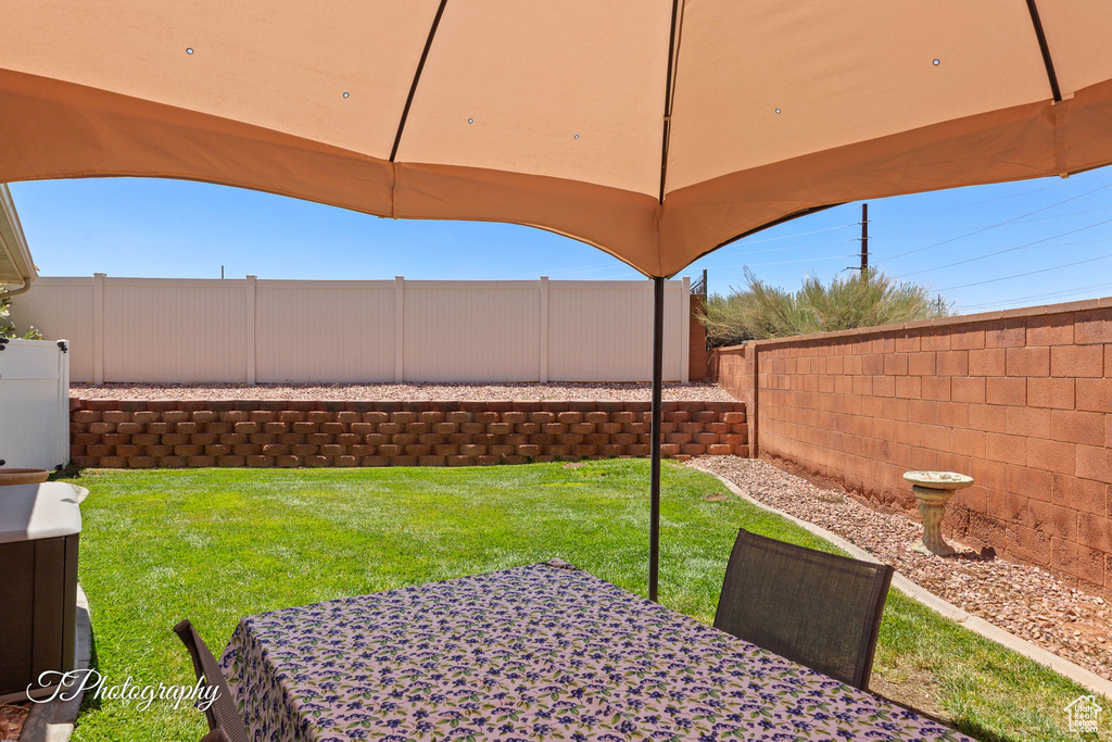 Fenced backyard featuring outdoor dining space