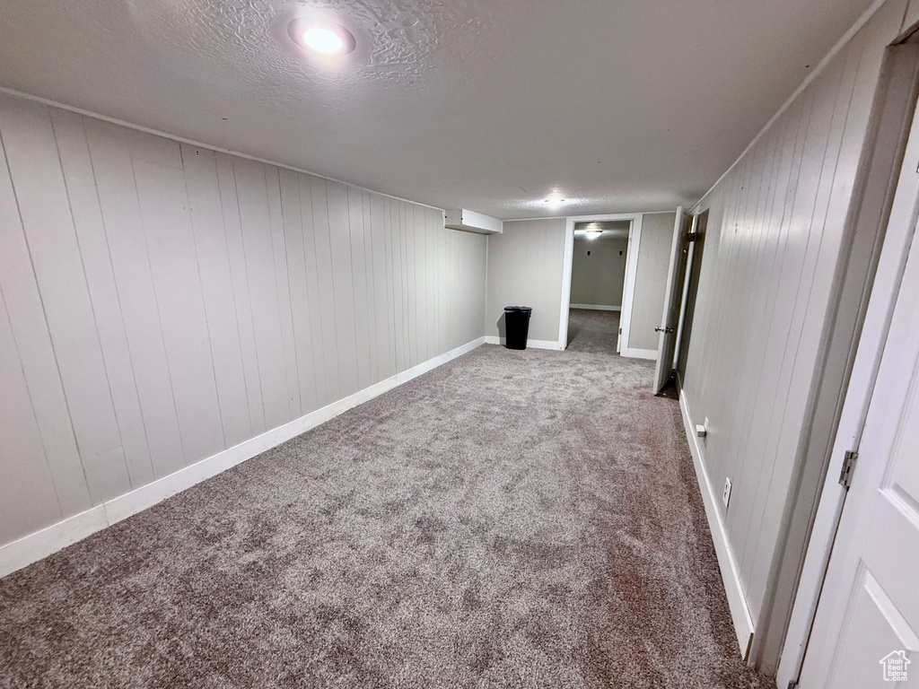 Finished basement with carpet floors and wooden walls