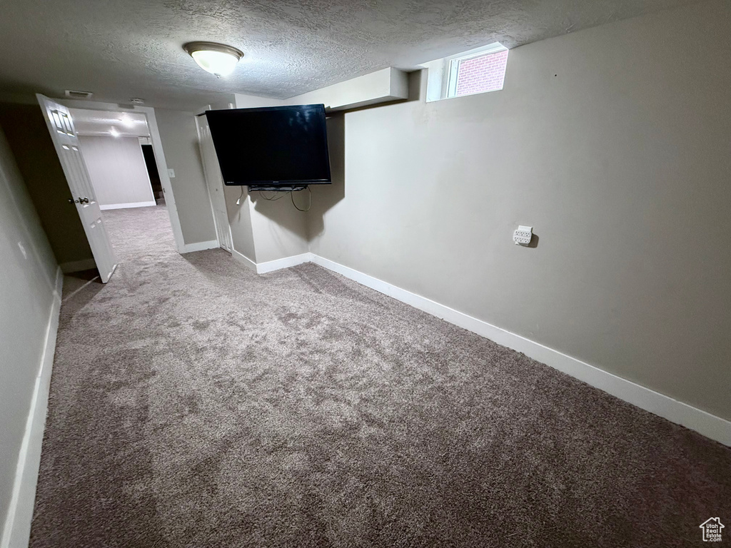 Basement with a textured ceiling and carpet floors