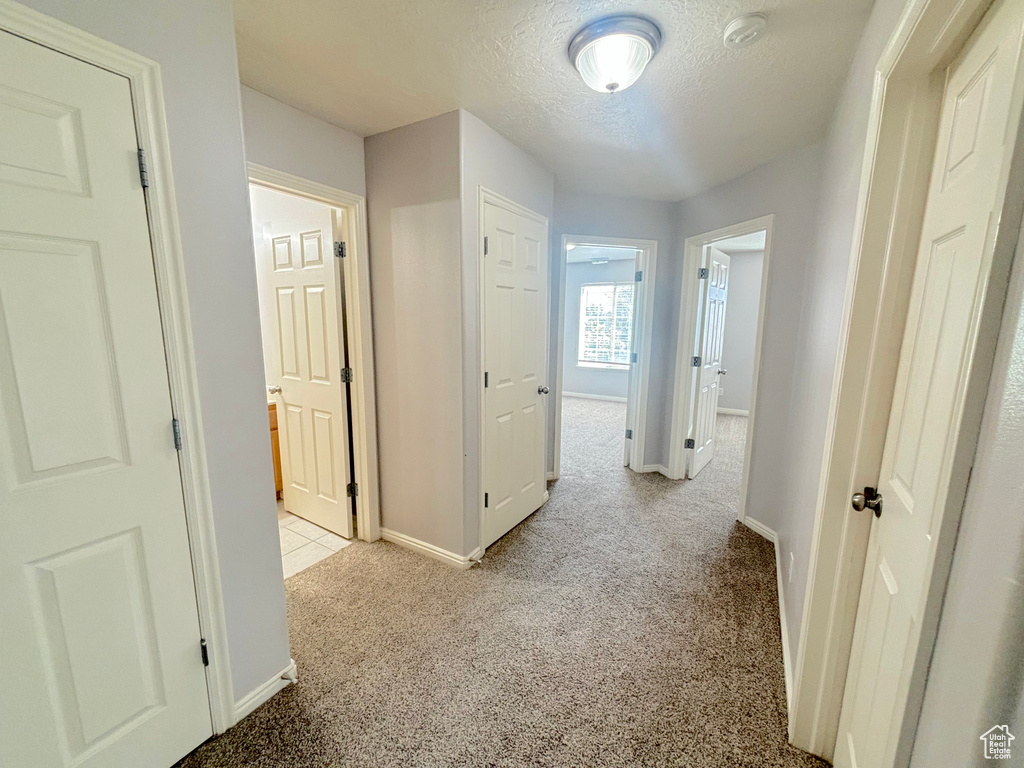 Corridor featuring light carpet and a textured ceiling