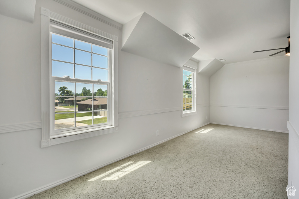 Additional living space featuring carpet flooring and ceiling fan