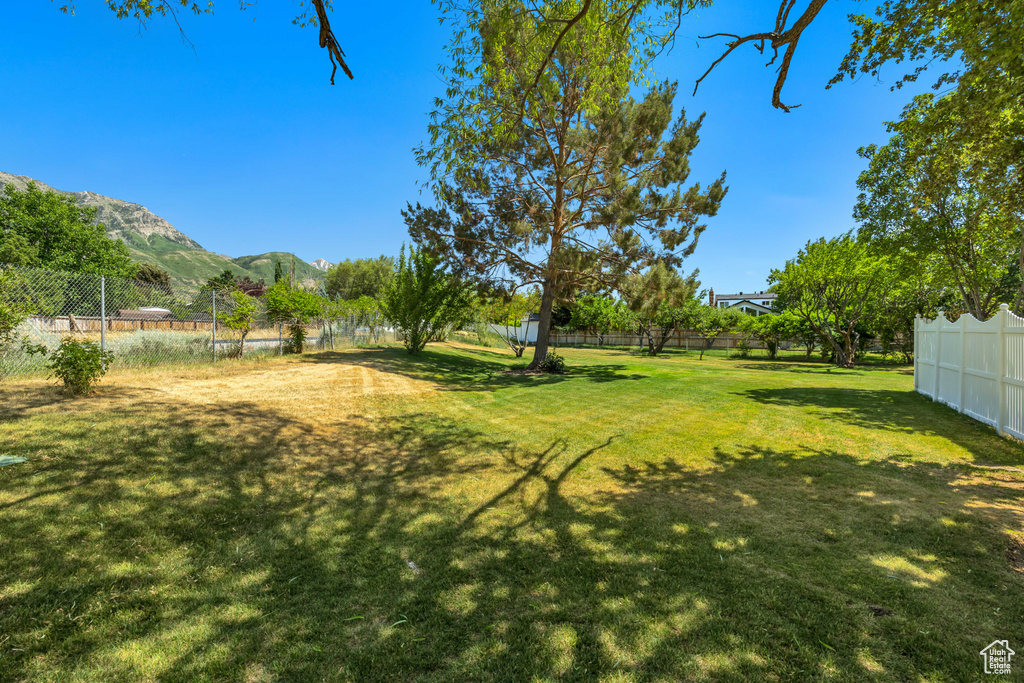 Fenced yard featuring a mountain view