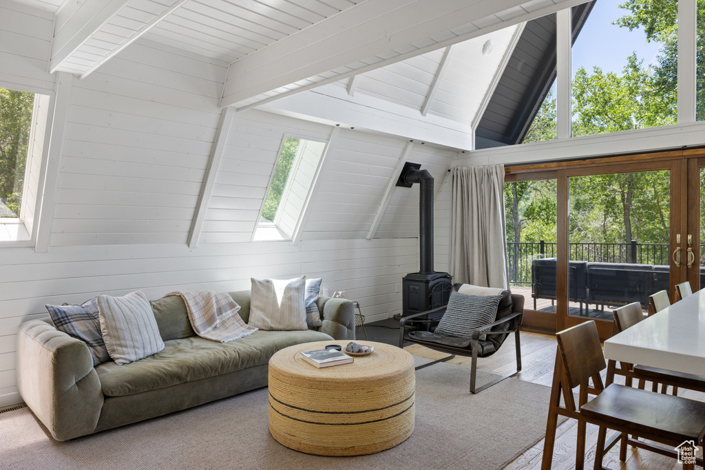 Living room featuring a wood stove, a skylight, plenty of natural light, and wooden walls