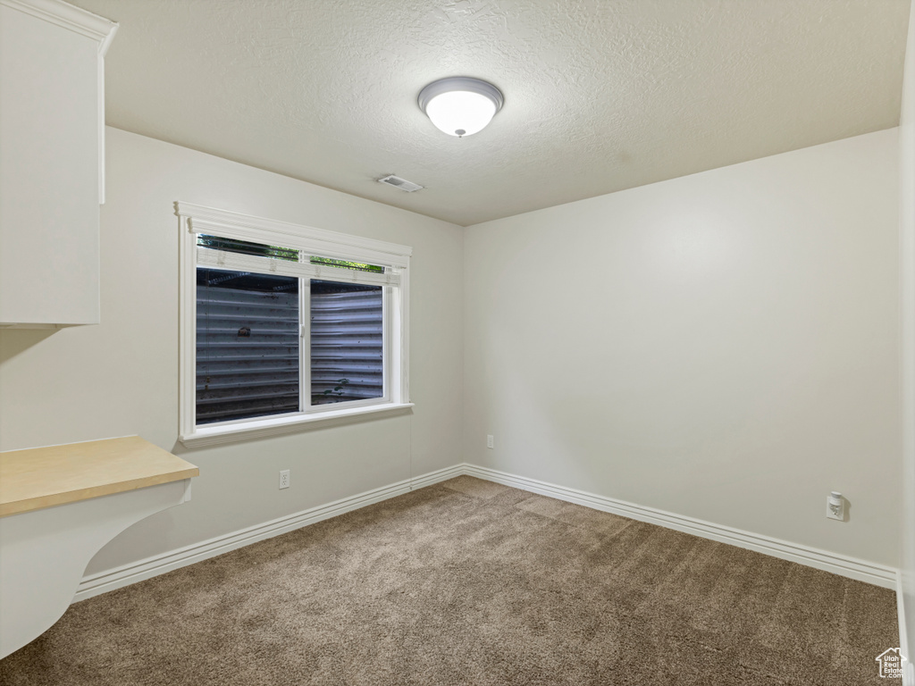 Carpeted empty room with a textured ceiling
