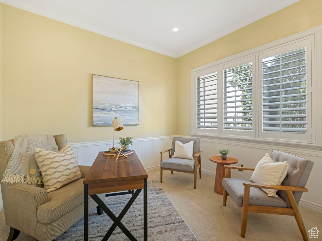 Sitting room with carpet, a wainscoted wall, ornamental molding, and recessed lighting