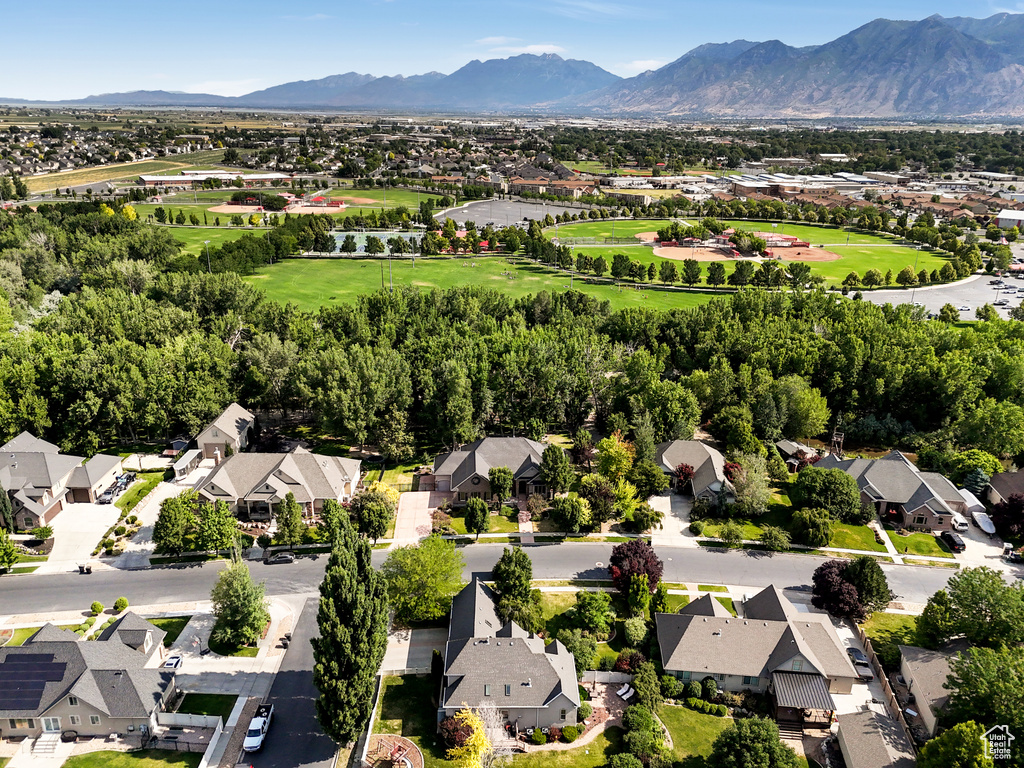 Aerial view of residential area with a mountain backdrop