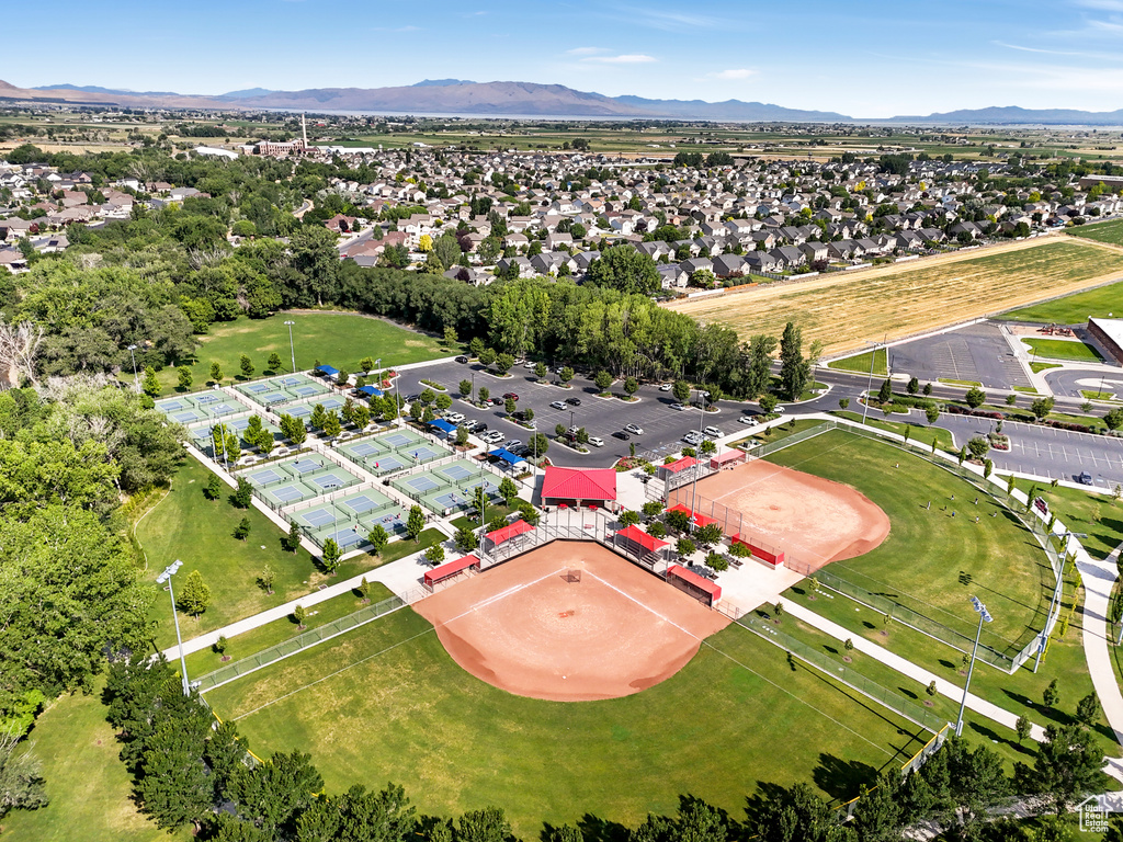 Drone / aerial view of a mountainous background