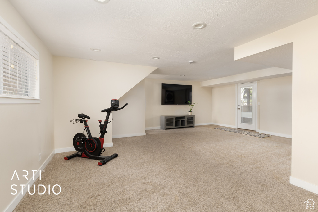 Workout area featuring carpet and recessed lighting
