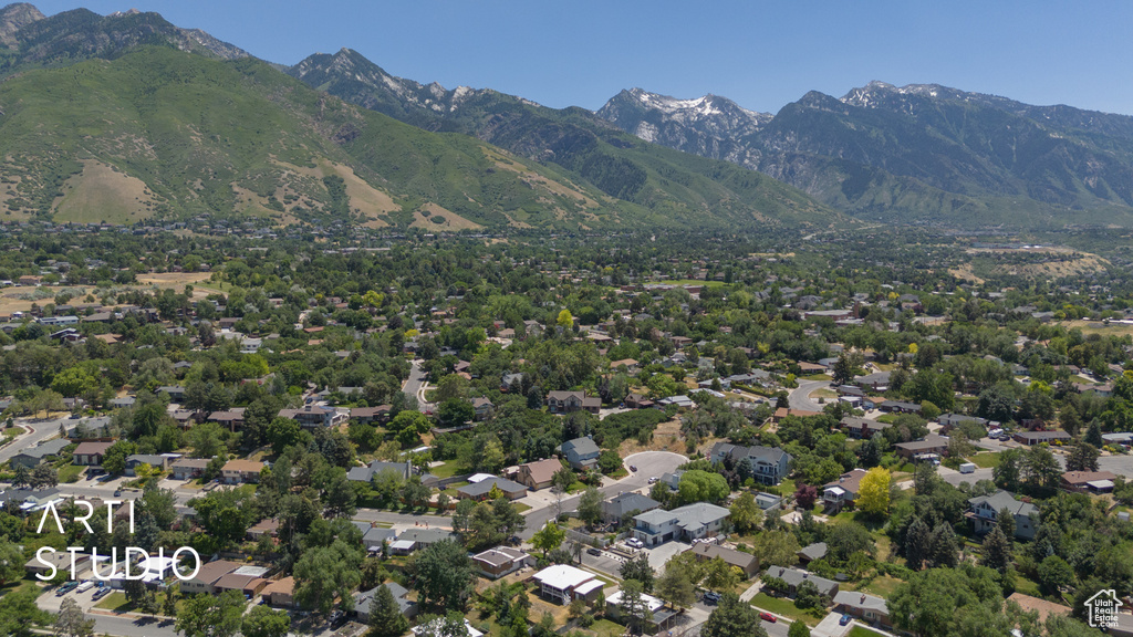 Drone / aerial view of a mountain backdrop
