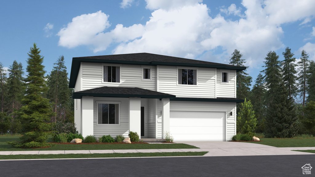 View of front of property featuring an attached garage, concrete driveway, and roof with shingles