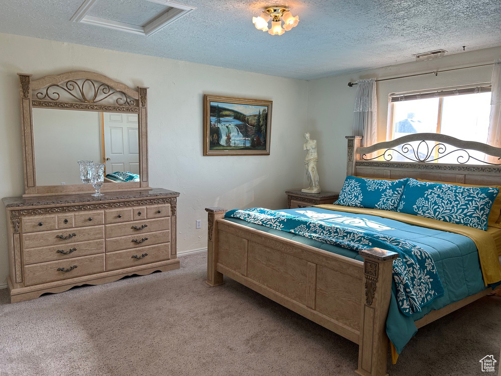 Bedroom featuring attic access, a textured ceiling, carpet flooring, and baseboards