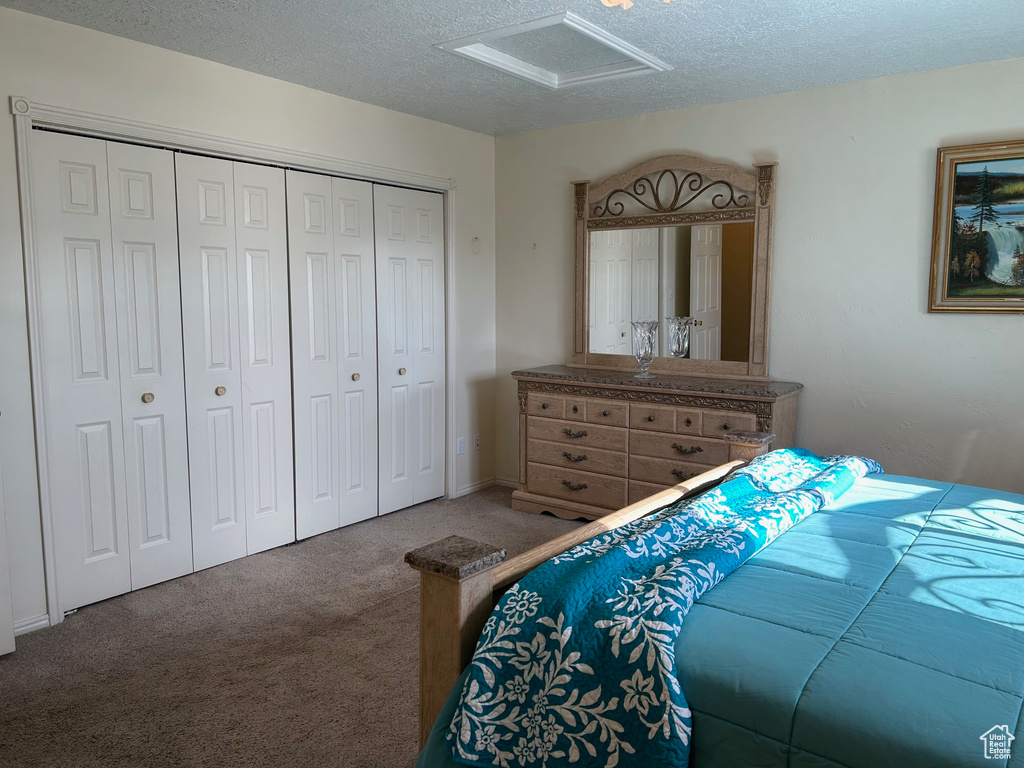 Carpeted bedroom featuring attic access, a textured ceiling, and a closet