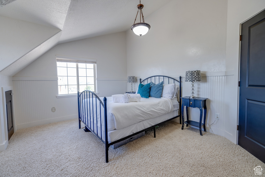 Bedroom featuring vaulted ceiling, carpet flooring, wainscoting, and a textured ceiling