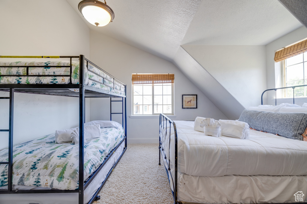 Bedroom featuring lofted ceiling, carpet flooring, and a textured ceiling