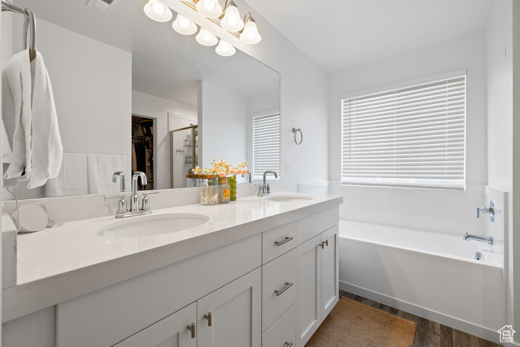Bathroom with double vanity, wood finished floors, a bath, a stall shower, and a spacious closet