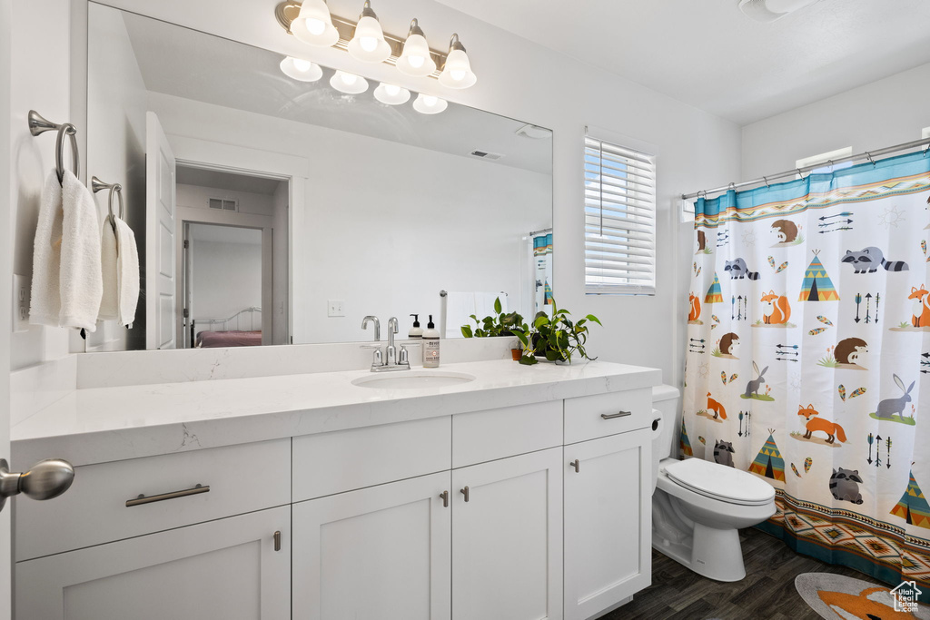 Full bathroom featuring vanity, wood finished floors, and curtained shower