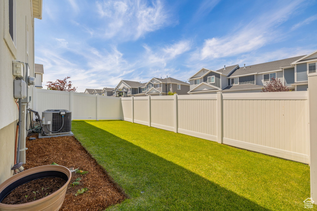 Fenced backyard featuring a residential view