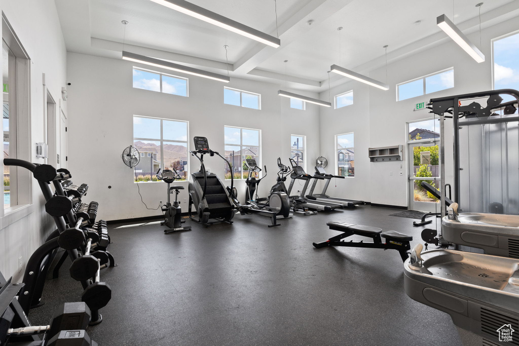 Exercise room featuring plenty of natural light and a towering ceiling