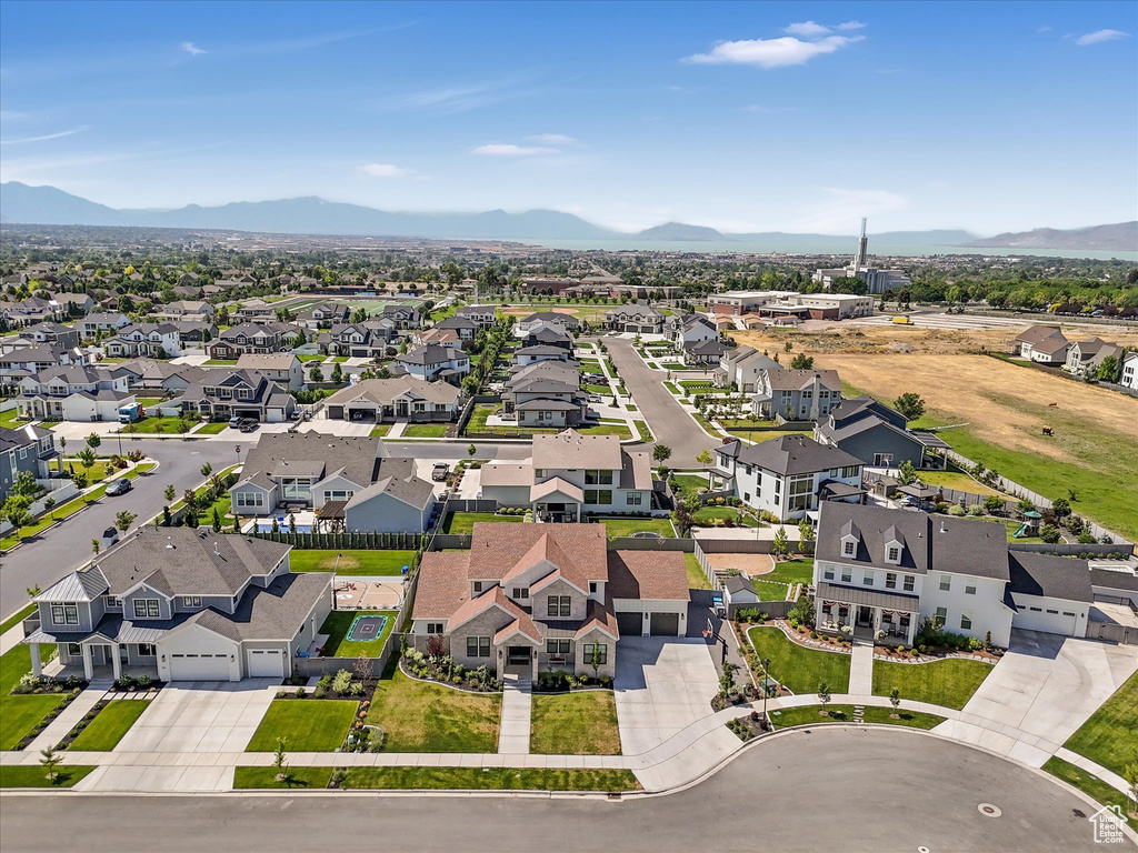 Aerial perspective of suburban area featuring mountains