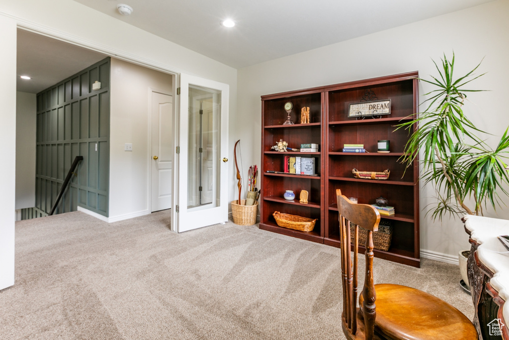 Carpeted office with recessed lighting
