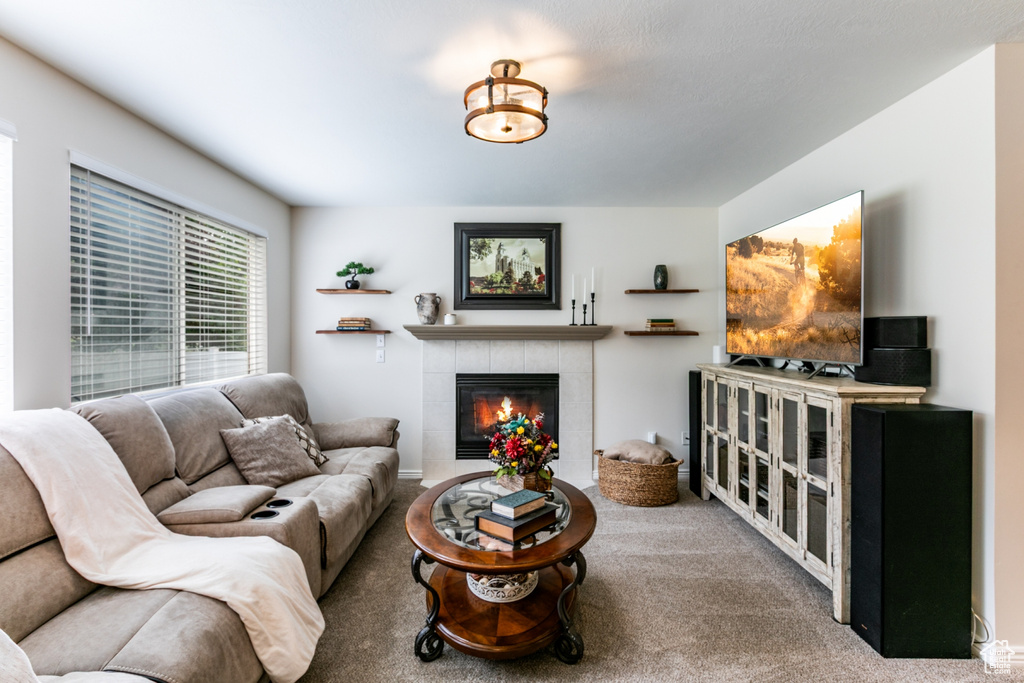 Carpeted living room with a fireplace