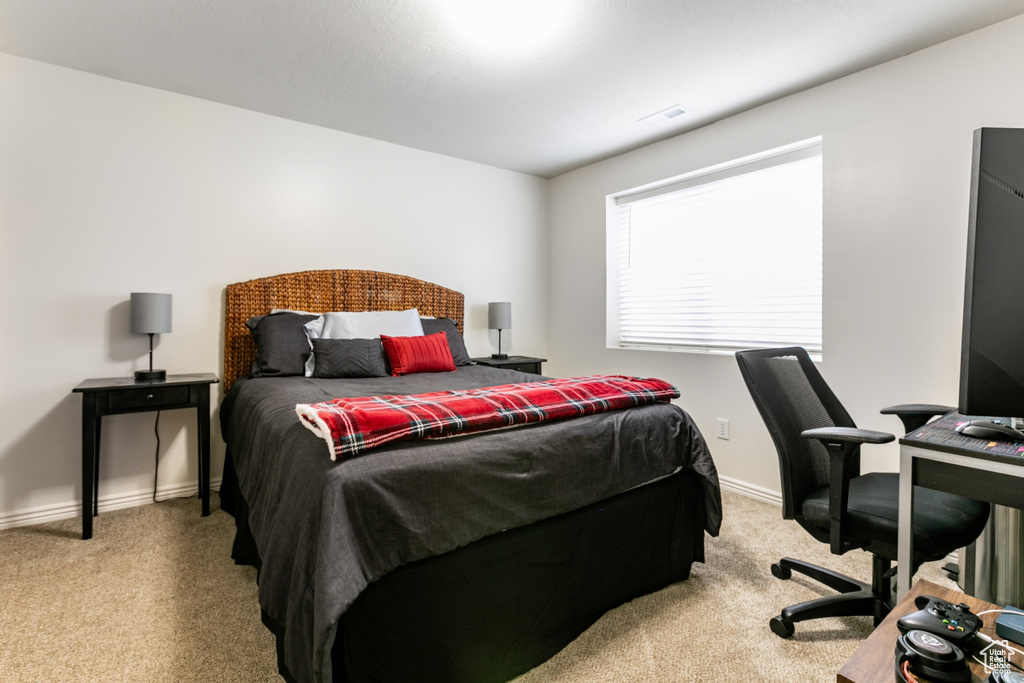 Bedroom with carpet and an office area