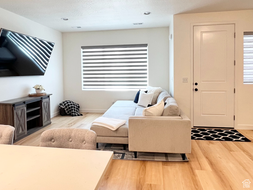 Living room featuring light wood-style flooring, a textured ceiling, and recessed lighting