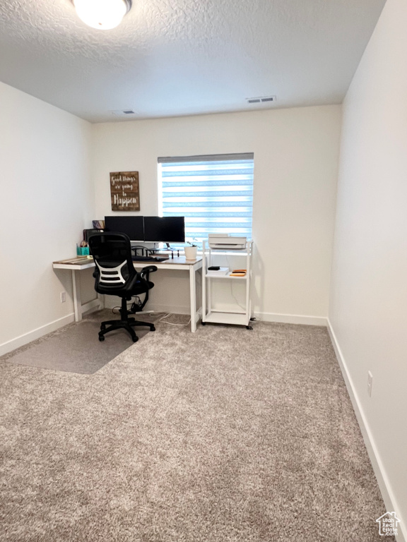 Carpeted office space with a textured ceiling and baseboards