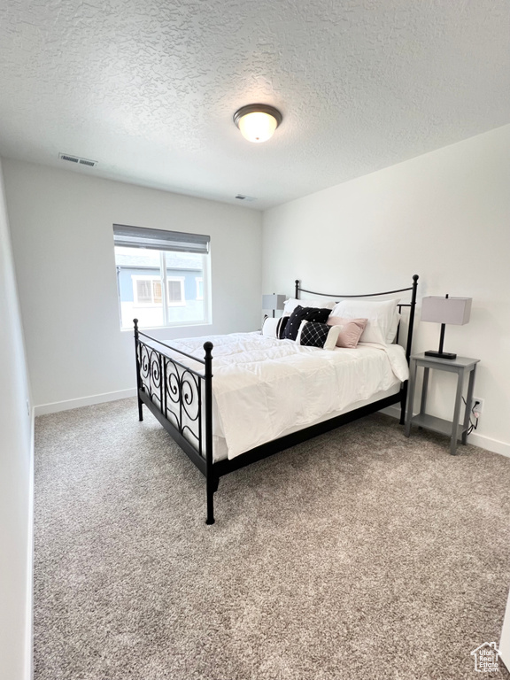 Carpeted bedroom featuring a textured ceiling