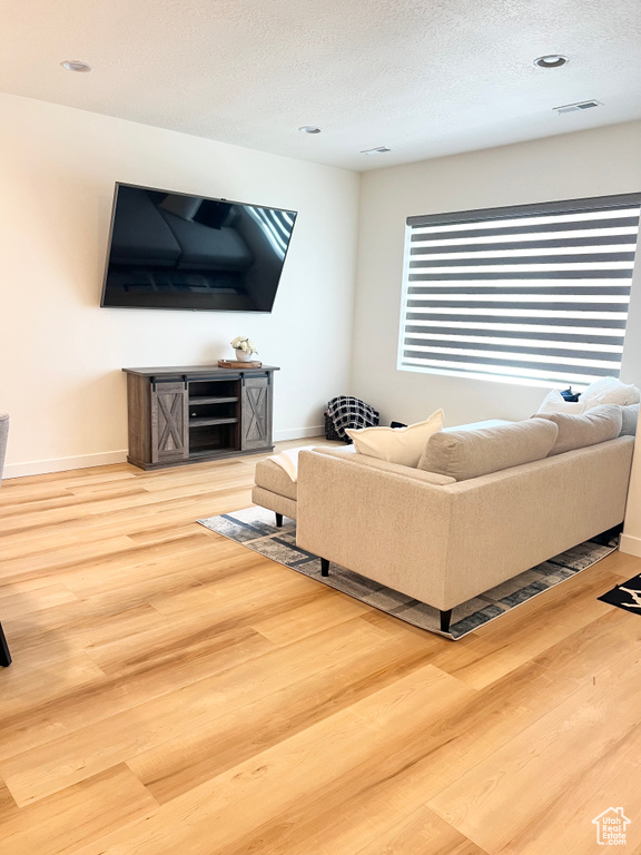 Living area featuring wood finished floors, a textured ceiling, and recessed lighting