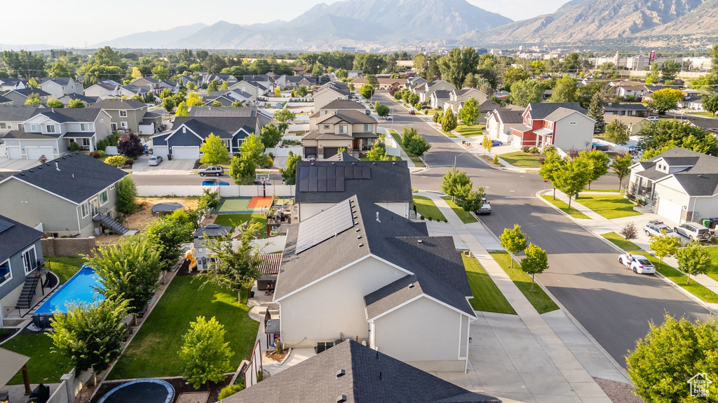 Aerial view of residential area with mountains
