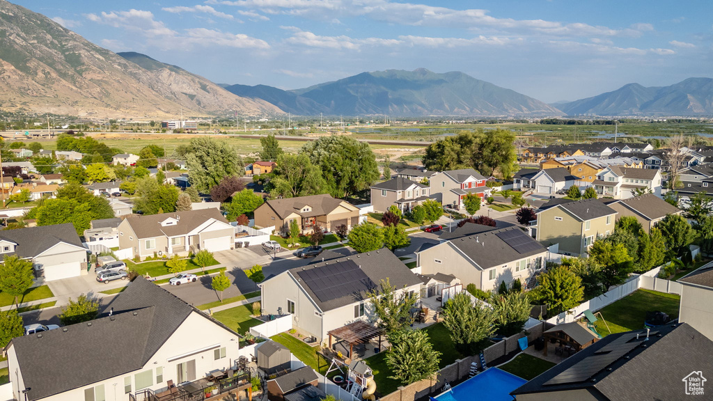 Aerial view of residential area with mountains