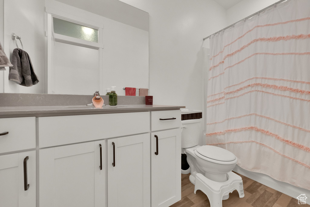 Full bath featuring wood finished floors, vanity, and curtained shower