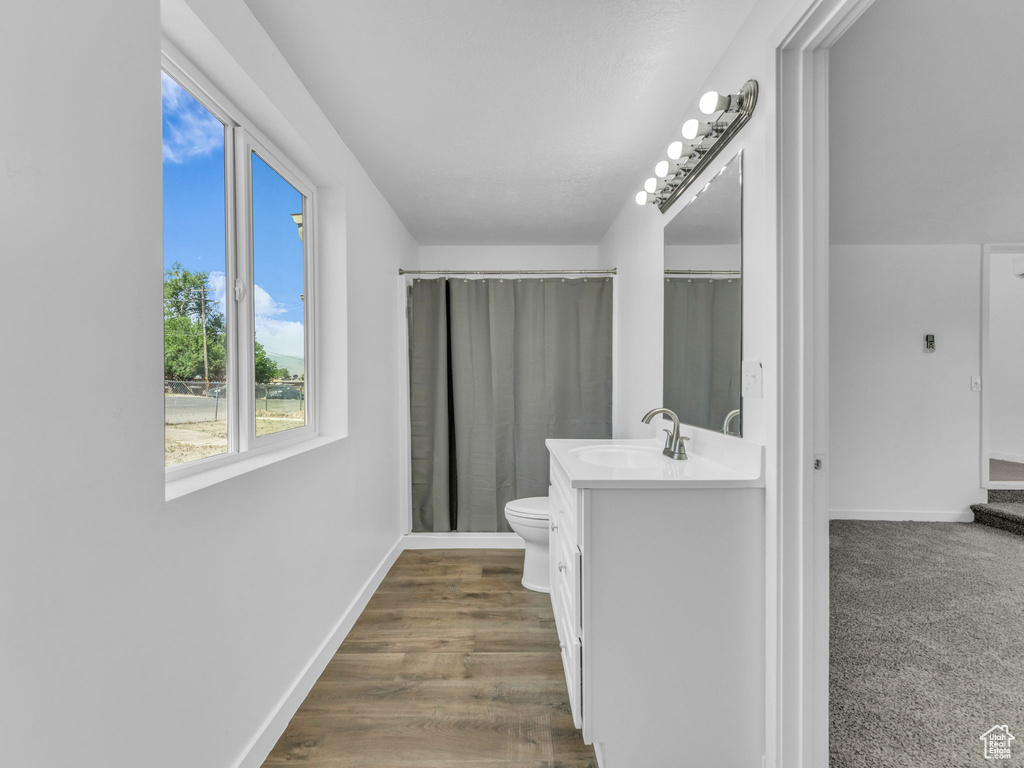 Bathroom with vanity and curtained shower