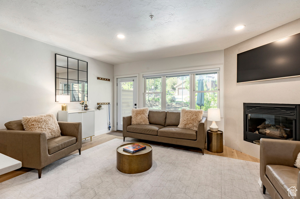 Living area featuring wood finished floors, a glass covered fireplace, and recessed lighting