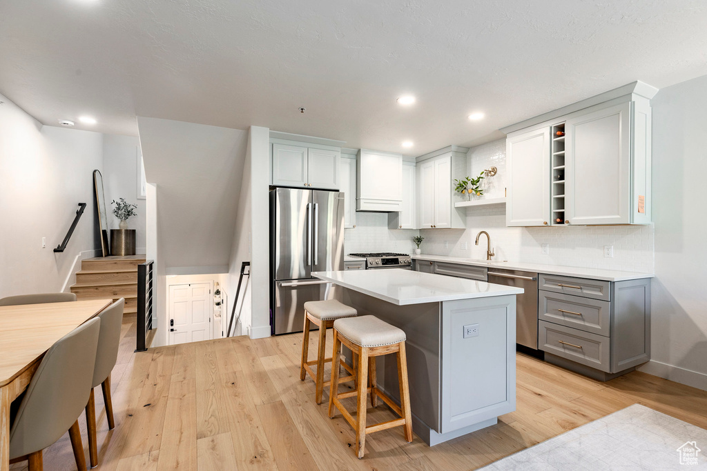 Kitchen featuring appliances with stainless steel finishes, gray cabinetry, open shelves, light wood-style flooring, and backsplash