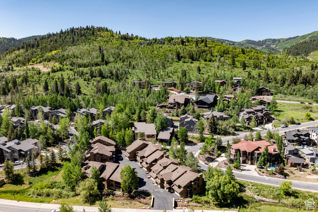 Aerial view of residential area featuring a heavily wooded area and a mountainous background