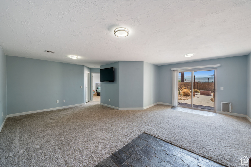 Unfurnished living room with carpet floors, a textured ceiling, and stone finish floors