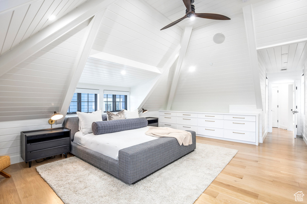 Bedroom featuring light wood-type flooring and a ceiling fan