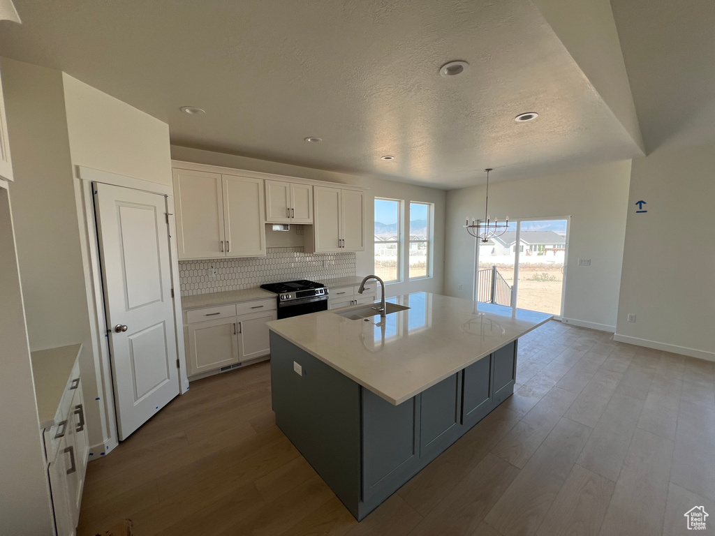 Kitchen with stainless steel range, white cabinetry, wood finished floors, light countertops, and tasteful backsplash