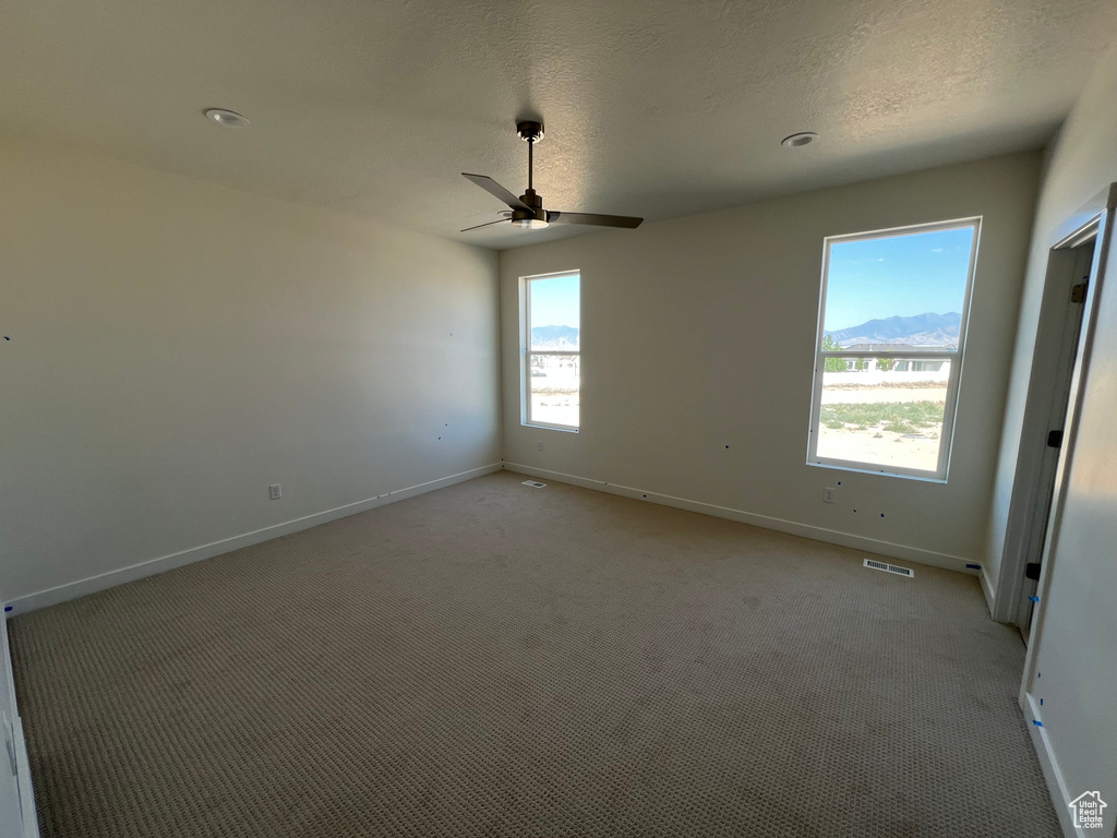 Unfurnished bedroom featuring light colored carpet, a ceiling fan, and a textured ceiling