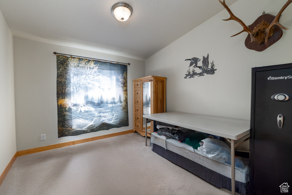 Sitting room featuring carpet and vaulted ceiling