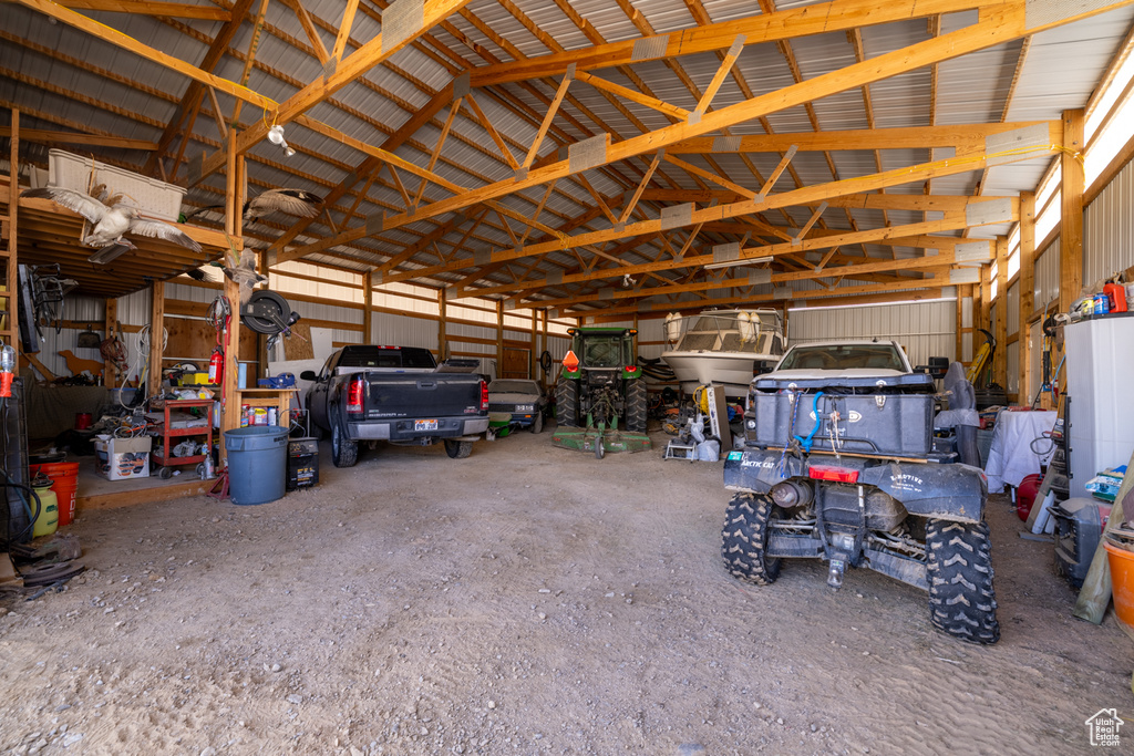 Garage featuring metal wall