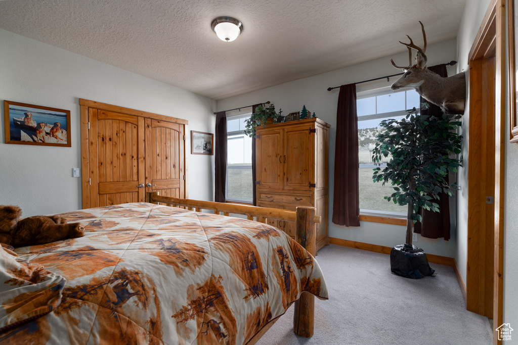 Carpeted bedroom with baseboards and a textured ceiling
