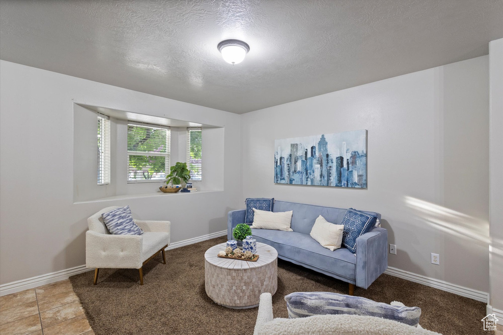 Living area with a textured ceiling and baseboards