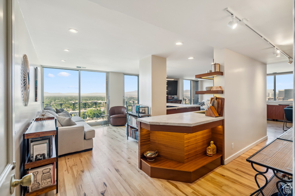 Kitchen with open shelves, rail lighting, light countertops, light wood-style floors, and open floor plan