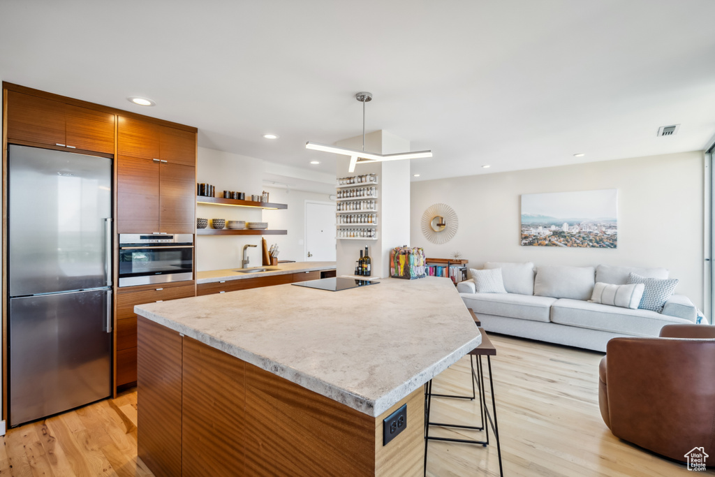 Kitchen with stainless steel appliances, modern cabinets, light wood-type flooring, open floor plan, and recessed lighting