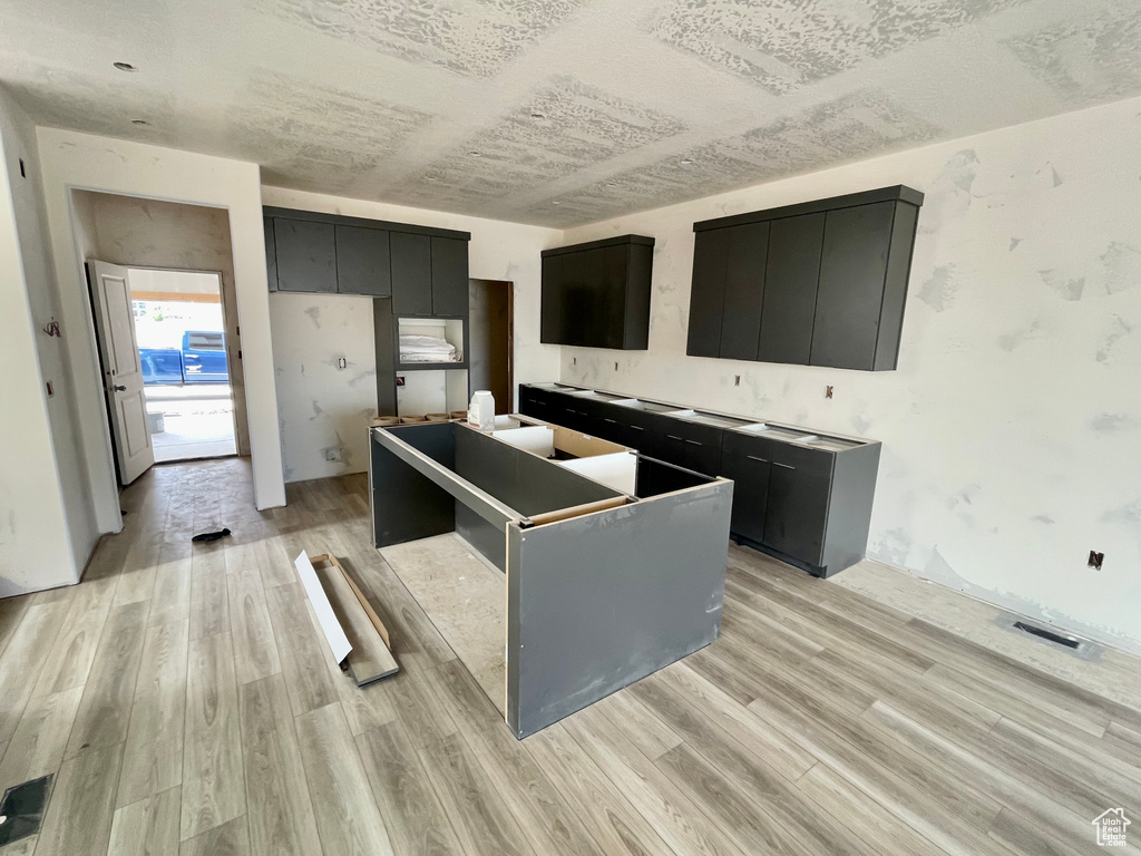 Kitchen featuring dark cabinetry, light wood-style floors, a center island, and modern cabinets