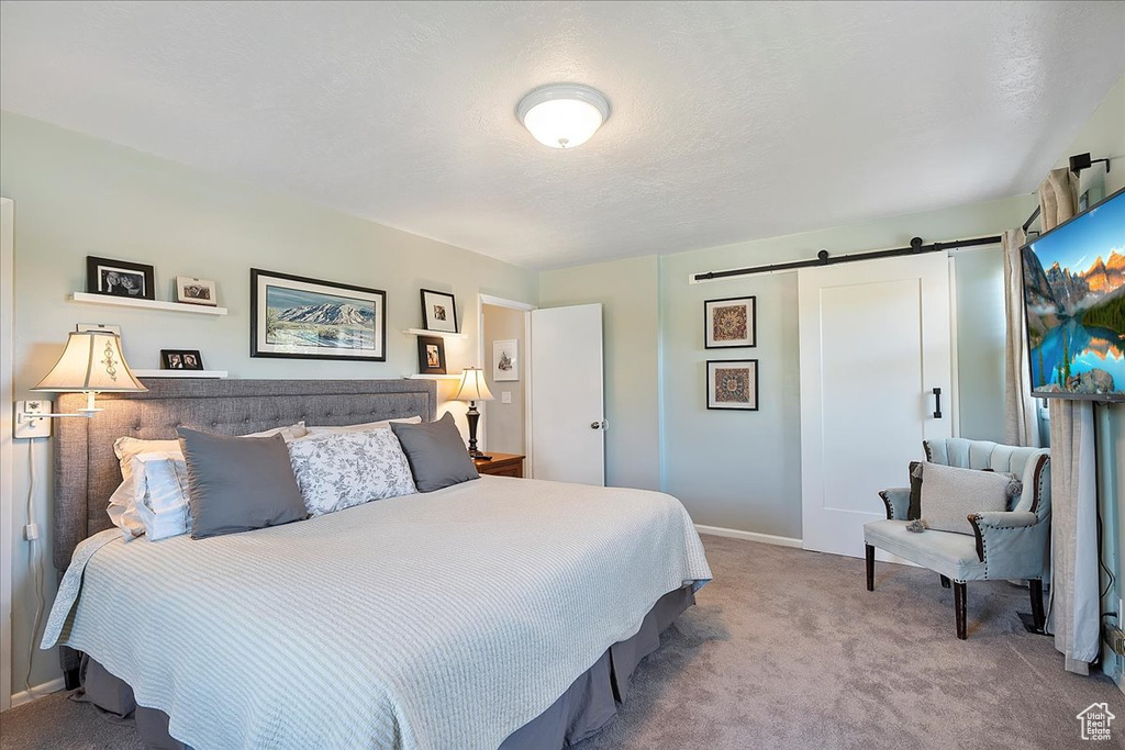 Bedroom with a barn door and carpet